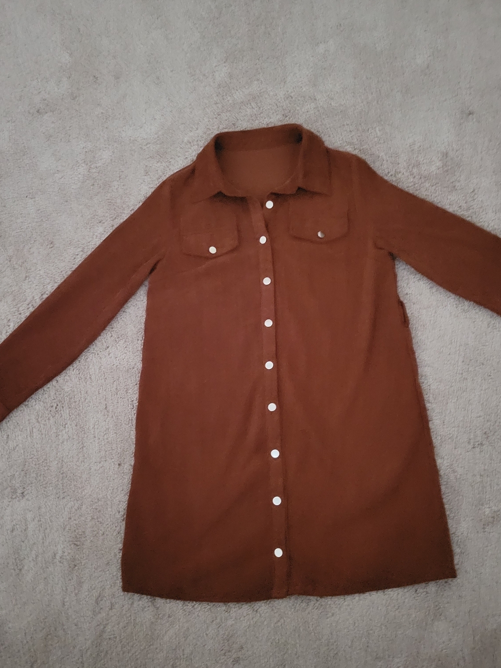 Long Sleeve Button-Front Shirt Dress in Rust Brown